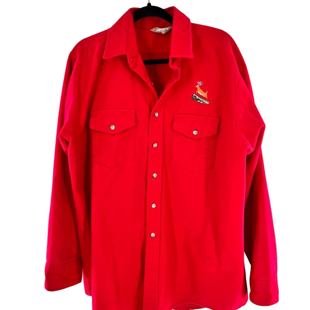 Vintage men's long sleeve flannel button down red XXL running buck embroidery